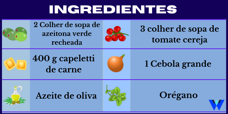 Ingredientes capeletti com tomate