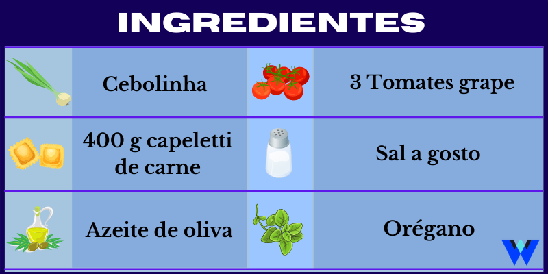 Ingredientes Capeletti ao azeite com cebolinha