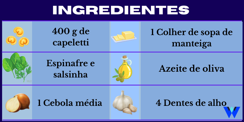 Capeletti com espinafre ingredientes