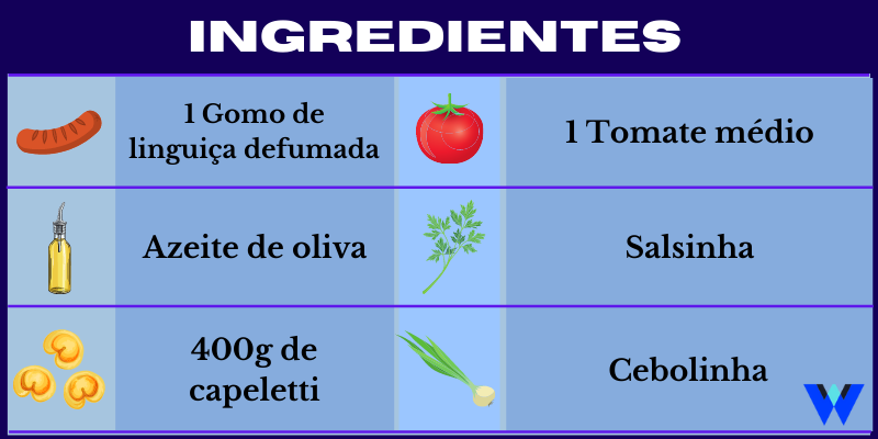 Capeletti com linguiça e tomate ingredientes