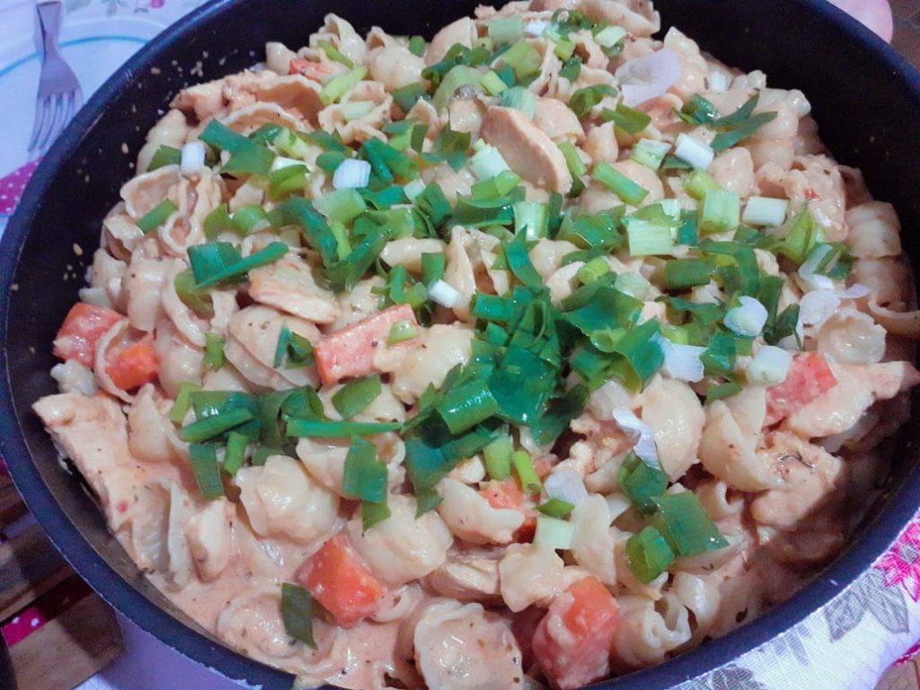 Macarrão com molho de estrogonofe de frango